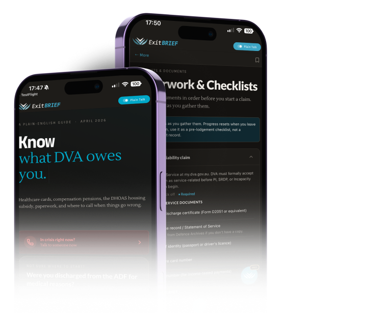 ExitBrief on iPhone — Home and Paperwork & Checklists screens