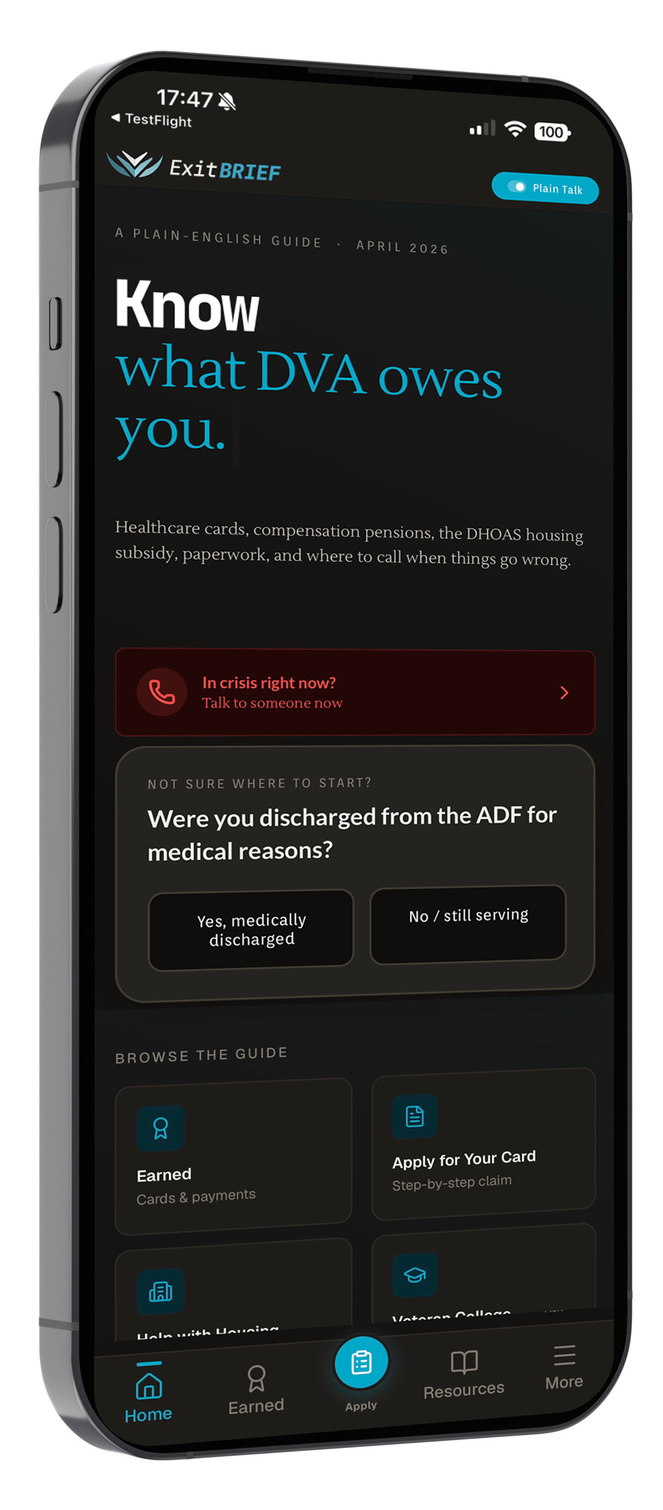 ExitBrief Home screen
