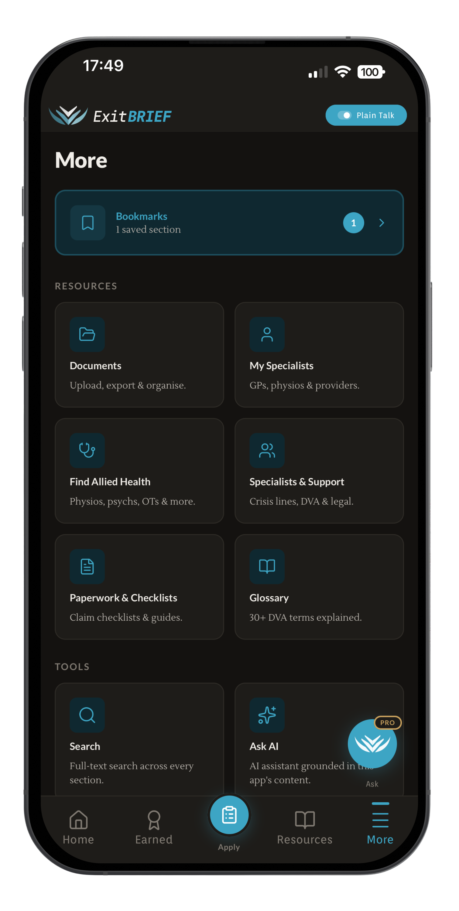 ExitBrief More screen — Documents, Specialists, Glossary and Ask AI